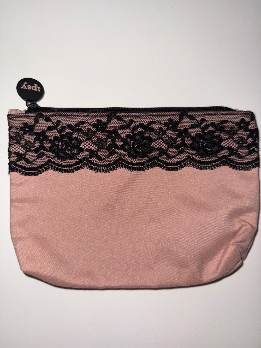 ipsy Pink Cosmetic Pouch with Black Lace Accent